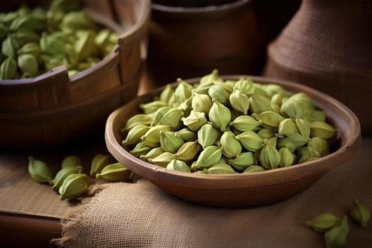 Premium cardamom pods in wooden bowl
